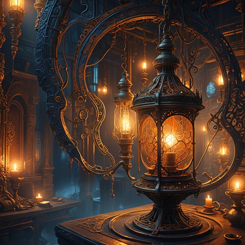 Mystical Lamp in Surreal Industrial Fantasy
