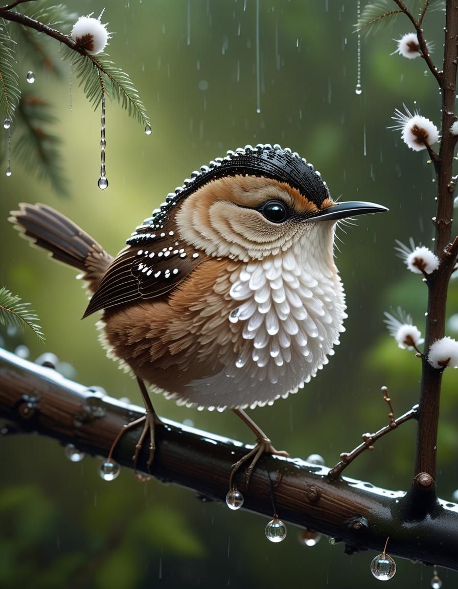 Eurasian Wren in Summer Rain: 3D Anime Art