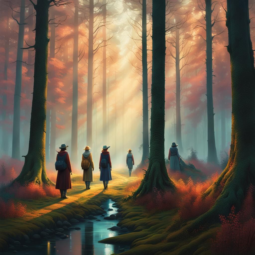 Mystical Forest: Ladies Adorning Ancient Monument