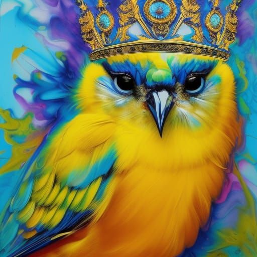 Chibi Blue Bird in Crown: Digital Inkblot Art