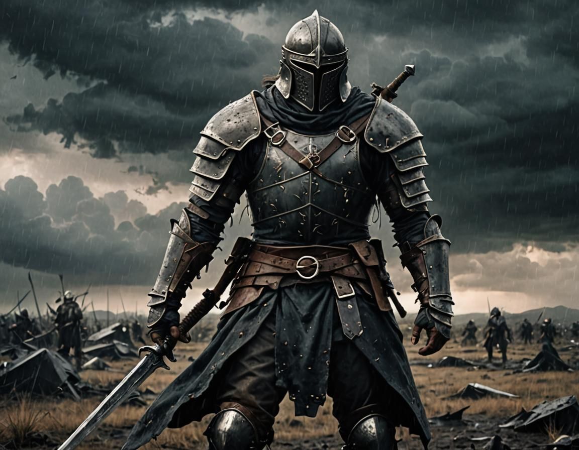 Dark Fantasy Warrior on Desolate Battlefield