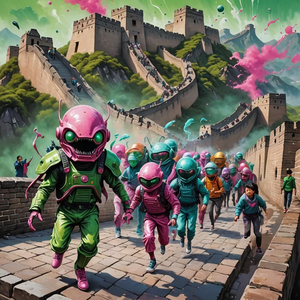 Elegant Aliens Cause Chaos on the Great Wall: Graffiti Art