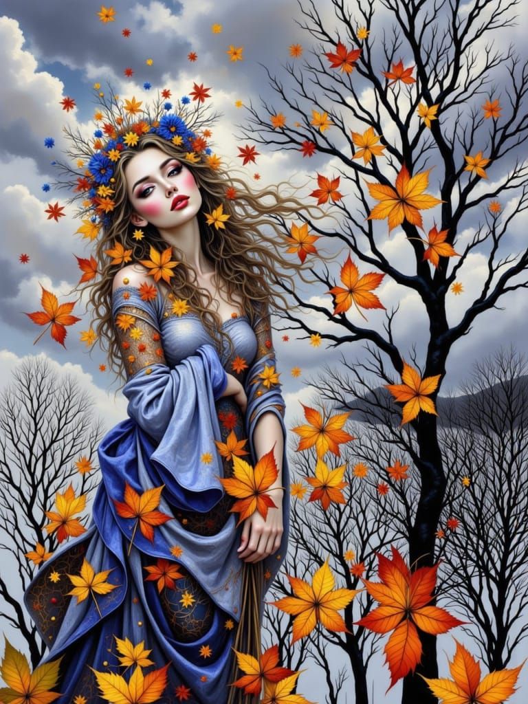 Autumn Goddess with Red Leaf in Ethereal Style