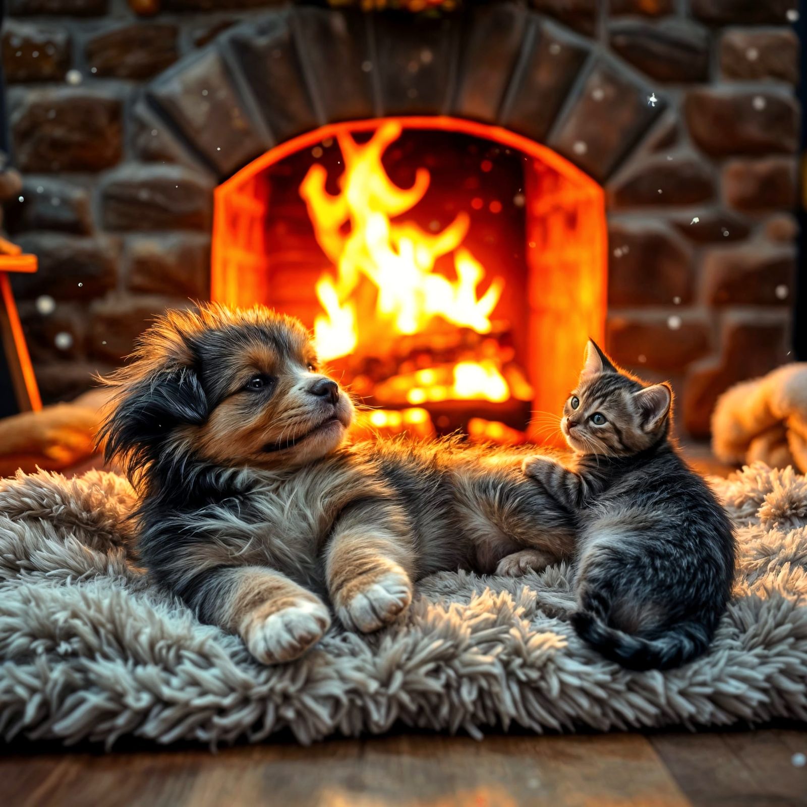 Puppy Warms Up by Cozy Fire in Winter Wonder Scene