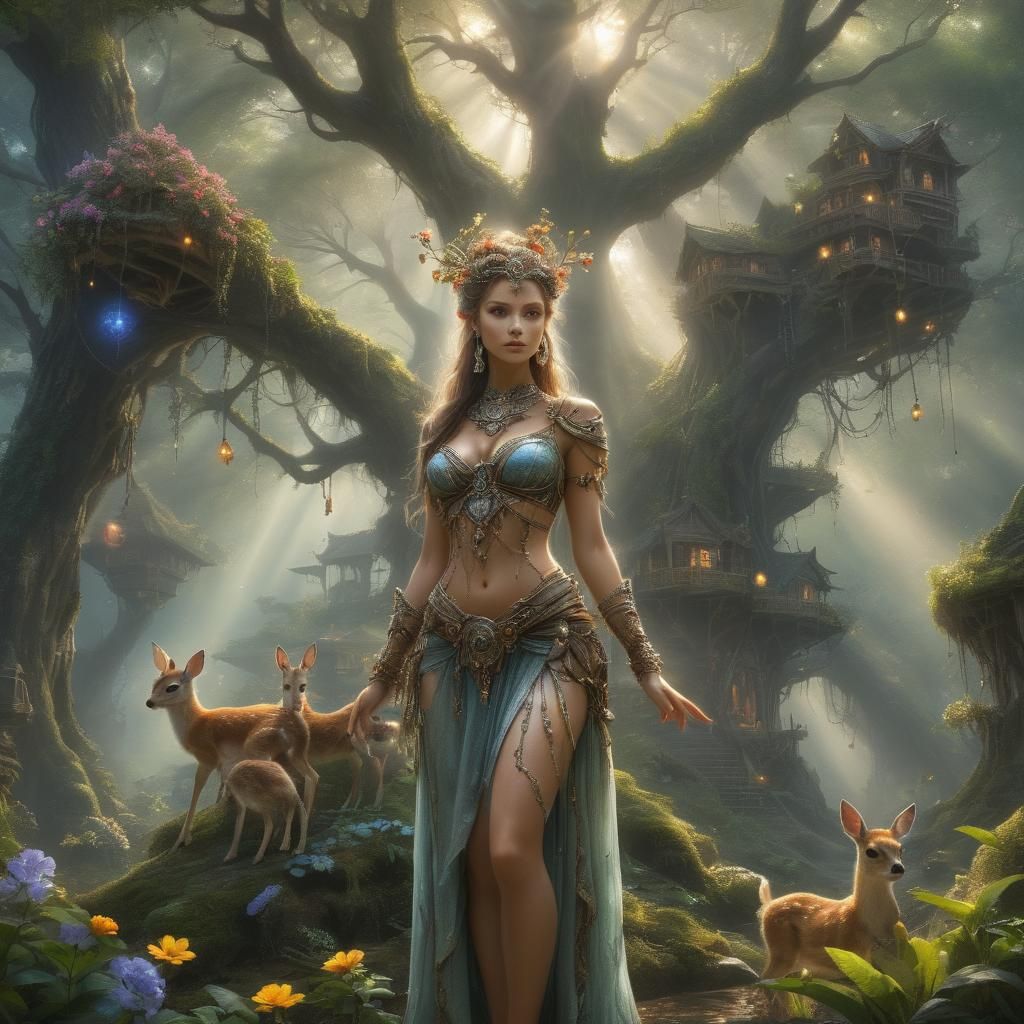 Mother Nature Goddess with Fawns in Fairy Forest