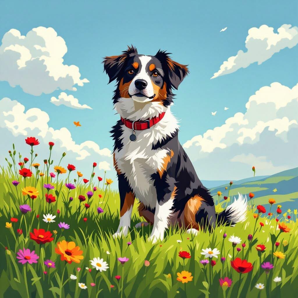Dog on Grassy Hill with Wildflowers
