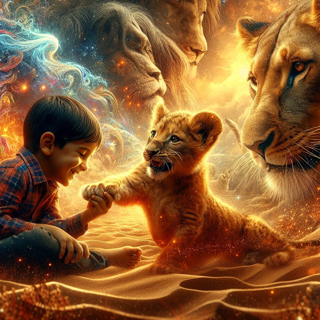 Boy Plays With Lion Cub in Digital Painting
