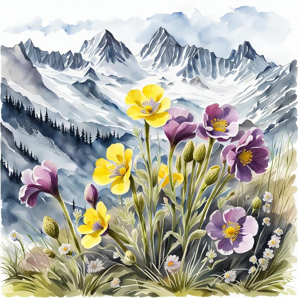 Detailed Alpine Flowers in Gouache Watercolor Style