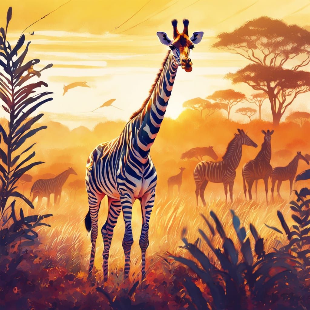 Zebra-striped Giraffe Concept Art in Digital Style