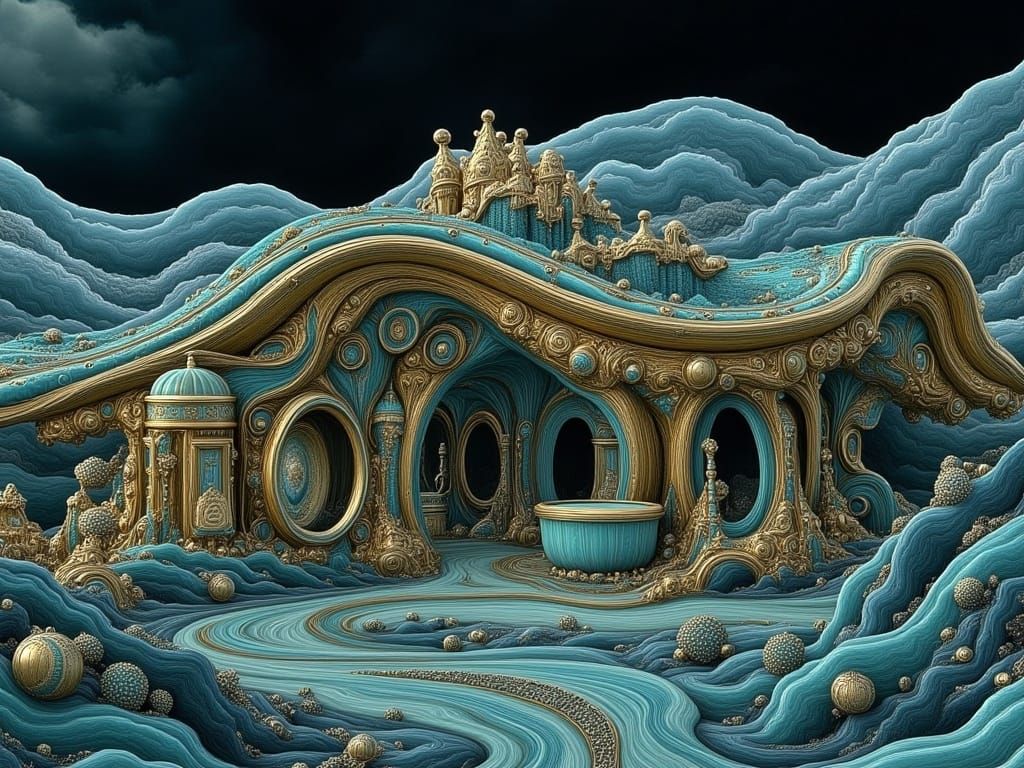 Futuristic Alien Gas Station in Coffee Art Style