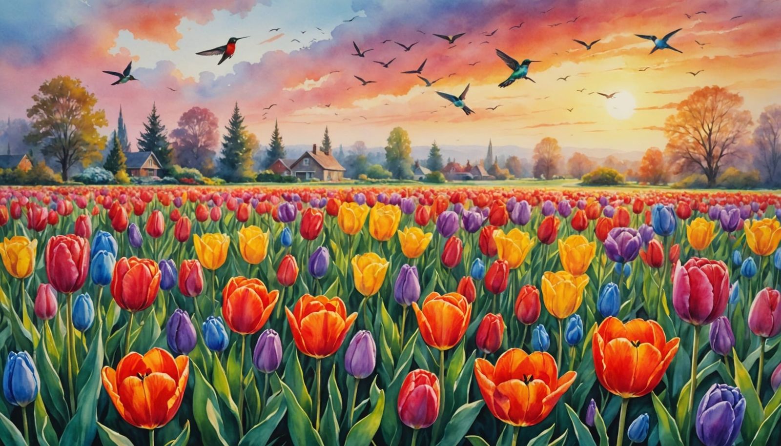 Vibrant Spring Garden Blooms in Watercolor Splendor
