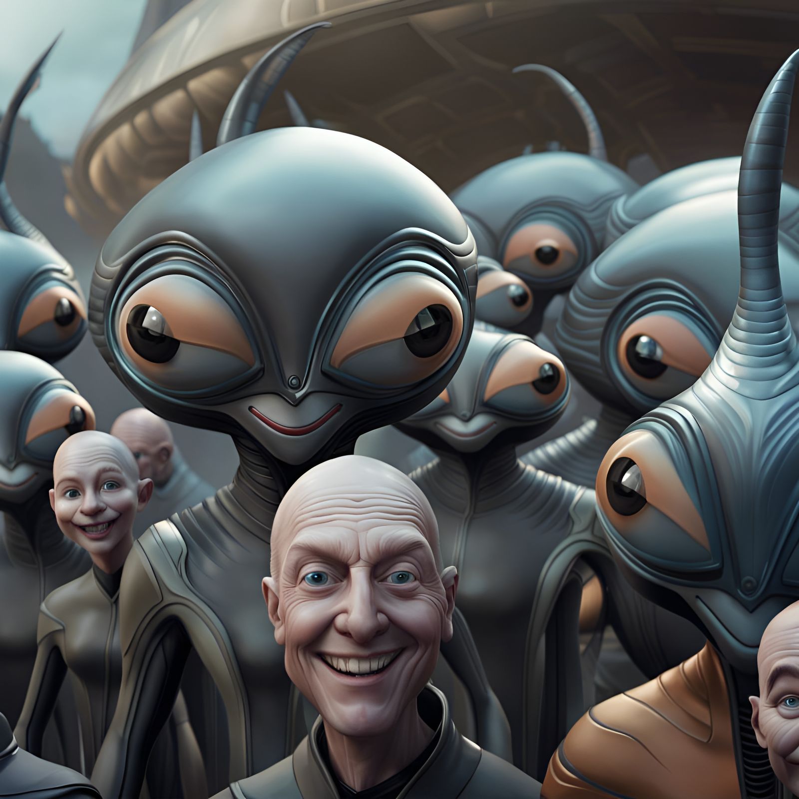 Alien Cartoon Characters in Surrealist Matte Painting