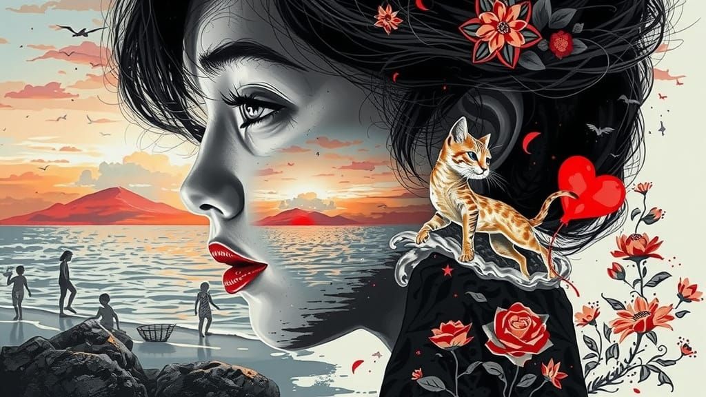 Double Exposure Portrait in Impressionistic Ink Wash Style