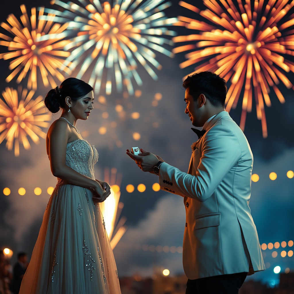 Romantic New Year's Eve Proposal Under Vibrant Fireworks