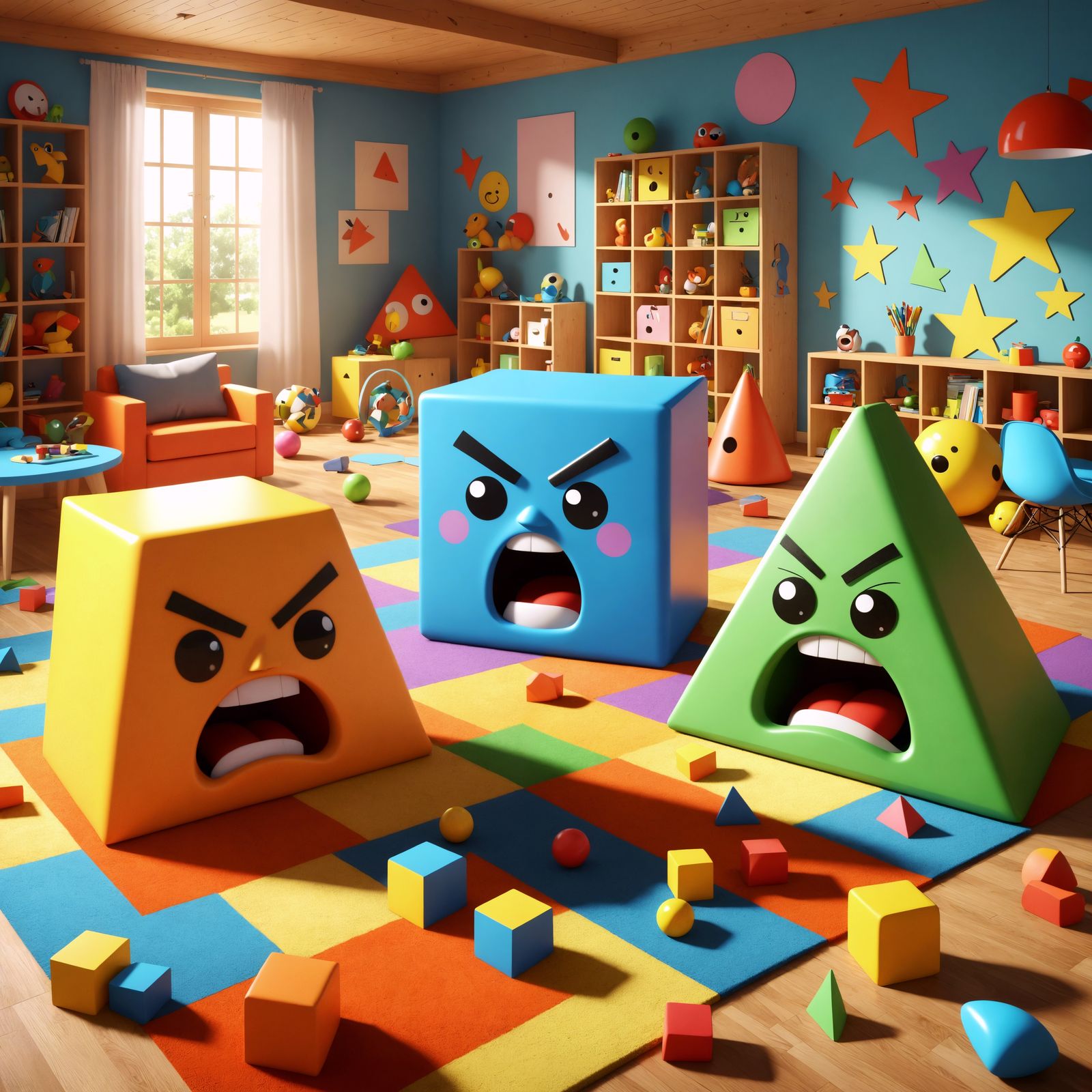 Angry Geometric Shapes in Playroom: CGI Concept