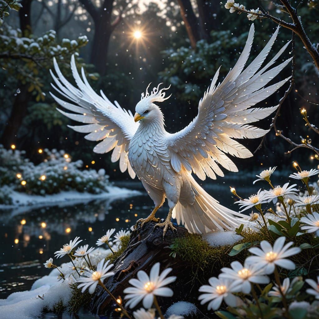 Iridescent White Phoenix on Snowy Branch