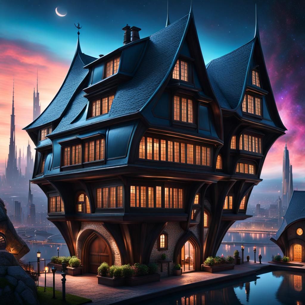Medieval house in the middle of a futuristic city from the 2150s, it is the only house which looks like like from 1600s,...
