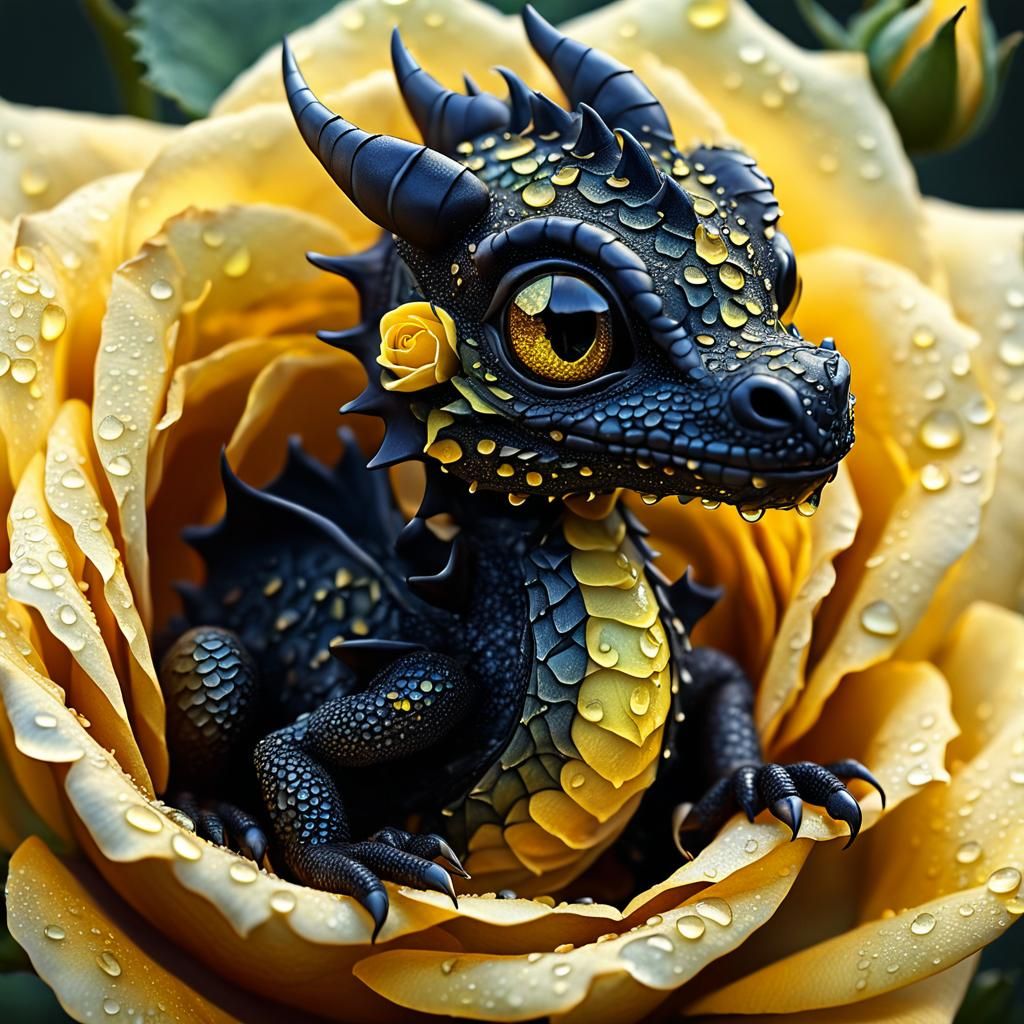 Tiny Black Dragon in Glistening Yellow Rose