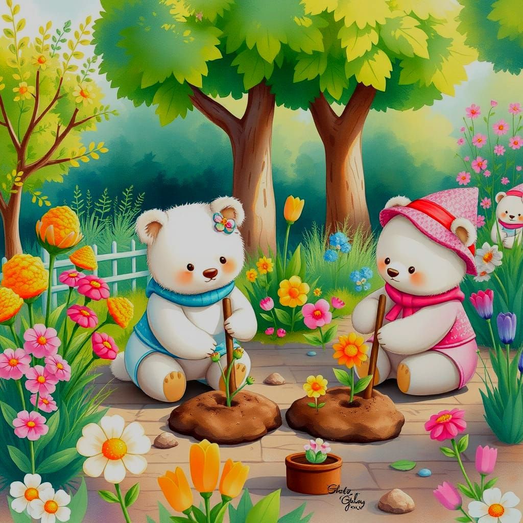 Kawaii Bears Planting a Garden