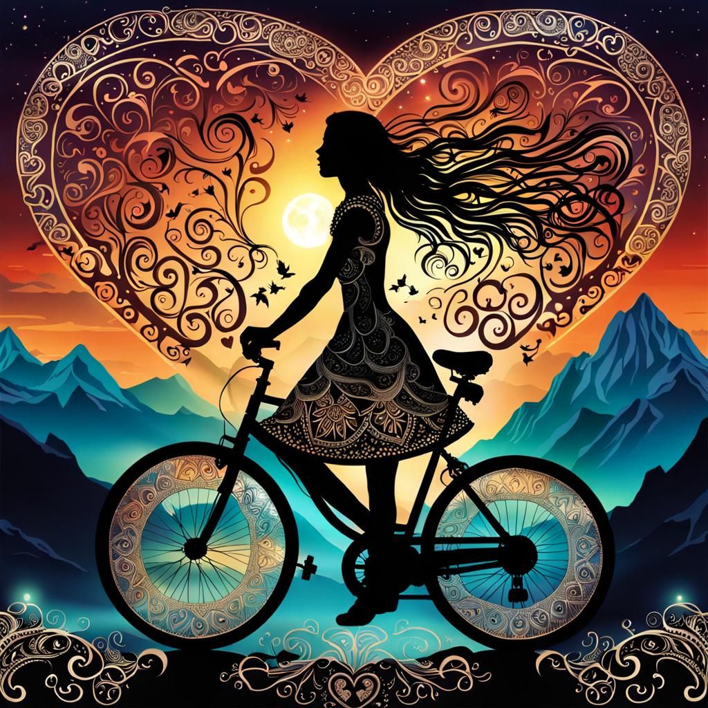 Magical Bicycles with Hearts Under Northern Lights