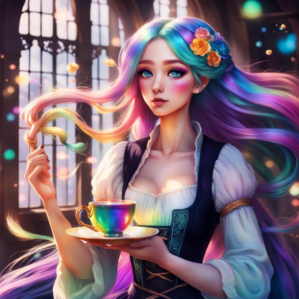 Fantasy Anime Muse with Kittens in Teacups