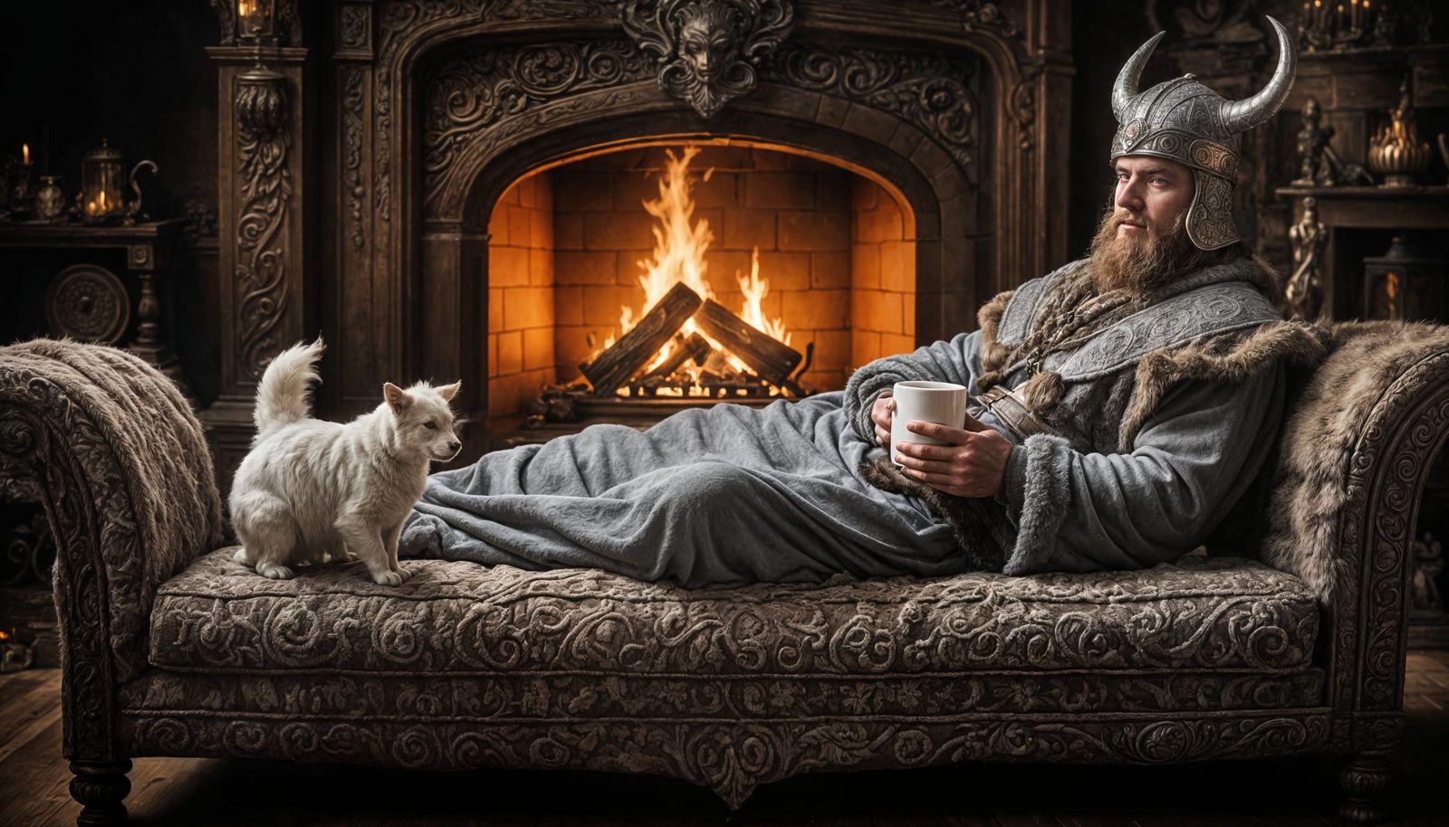 Viking in a snuggie with his dog enjoying a cozy evening at home