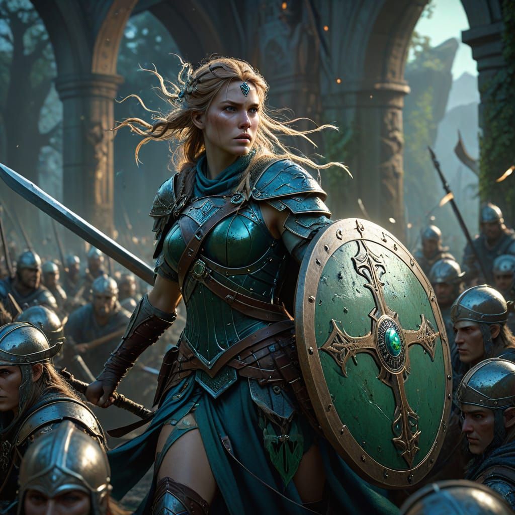 Ethereal Shield Maiden Defends Army in Dark Fantasy Realm