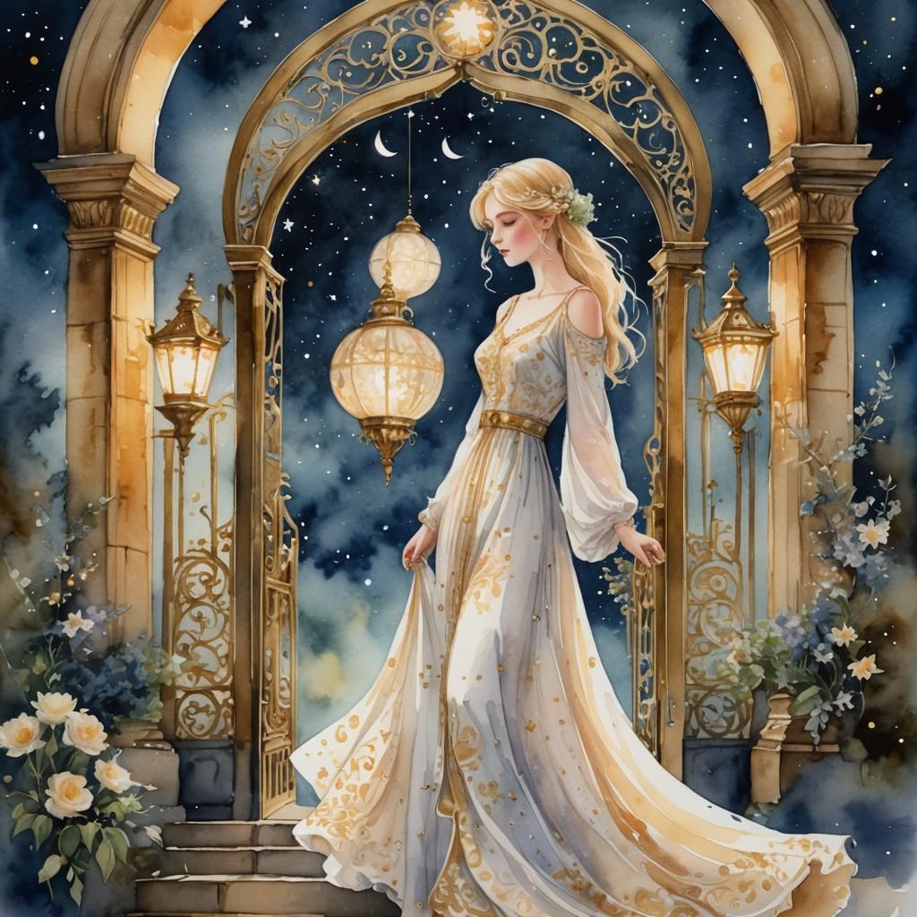 Woman at Golden Gate to Stars: Watercolor Painting