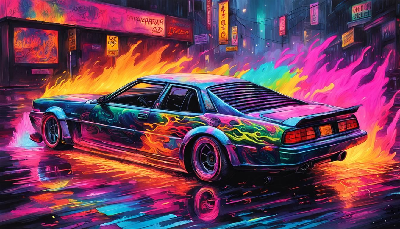JDM Drifting Car with Neon Cyberpunk Flames
