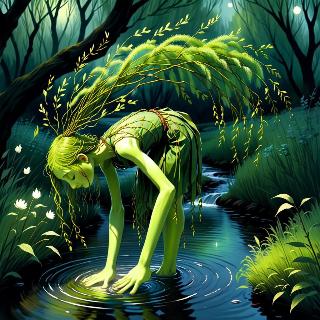 Anthropomorphic Willow Singing by a Stream
