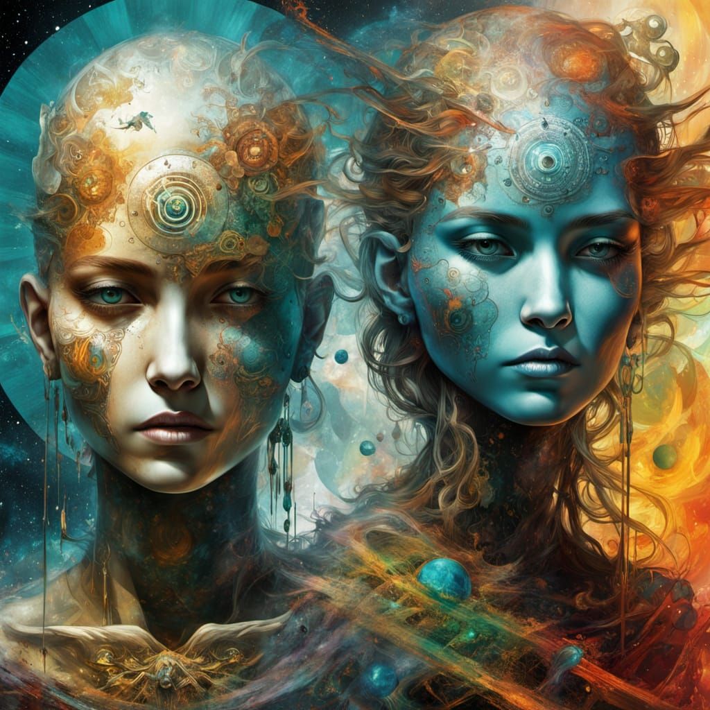 Vibrant Shamanic Twins Amidst Celestial Graffiti