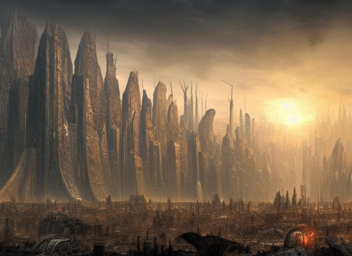 Epic Metropolis with Prehistoric Heads, Digital Art