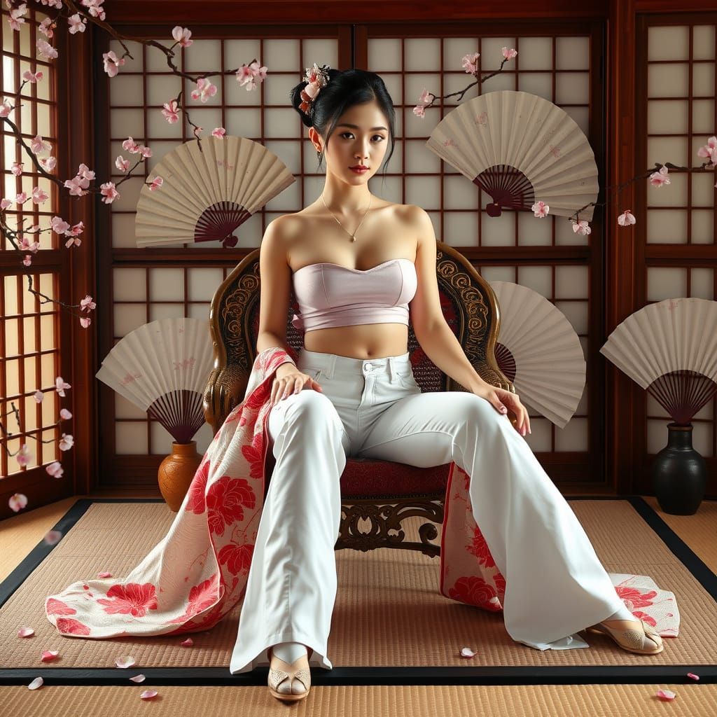 Geisha in Jeans Surrounded by Cherry Blossoms