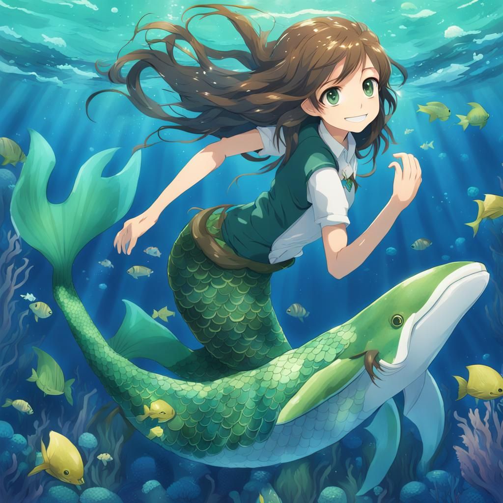 Anime Mermaid with Green Tail Swimming with Whale