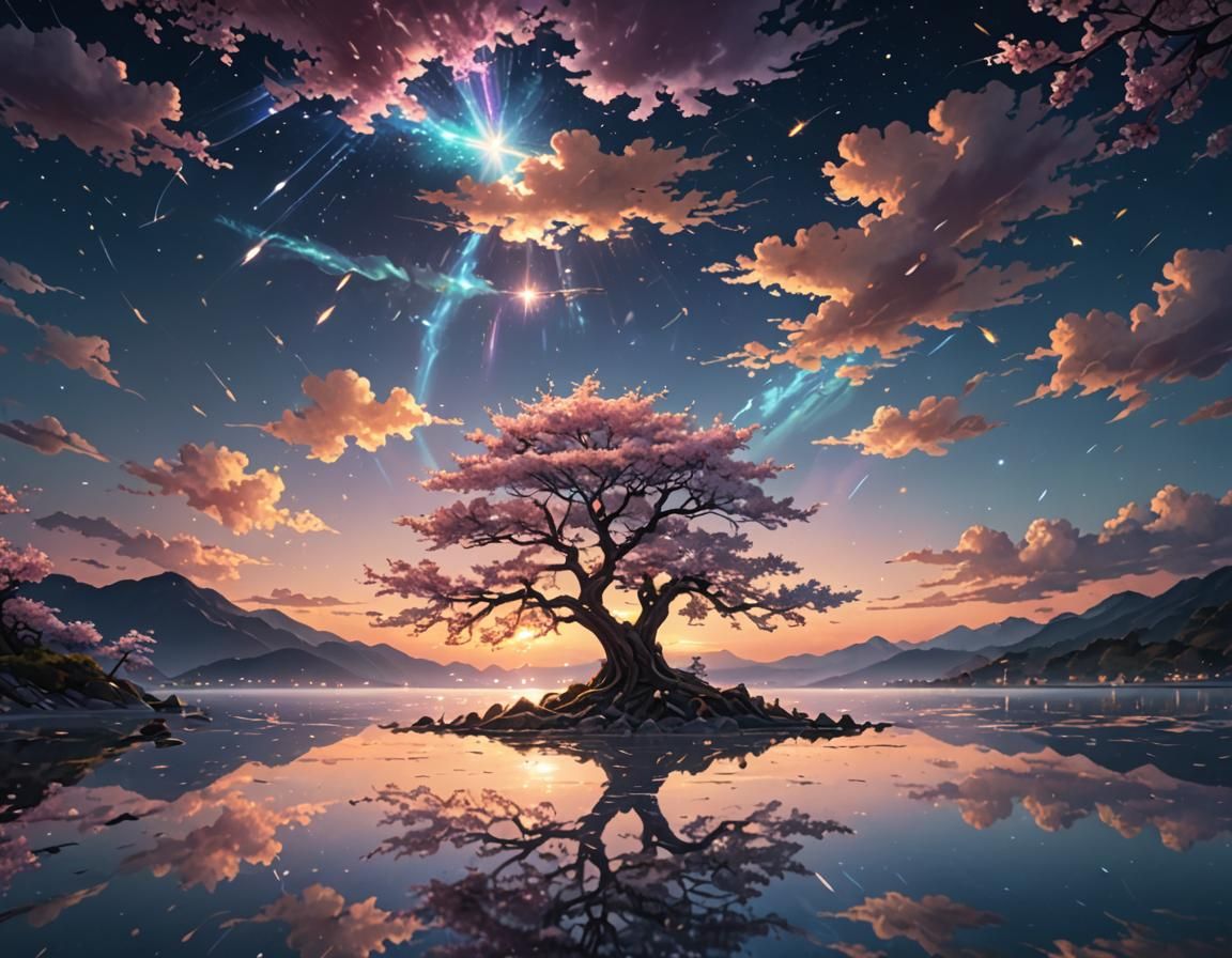 Mystical Sunset: Cherry Tree at Night, Digital Animation