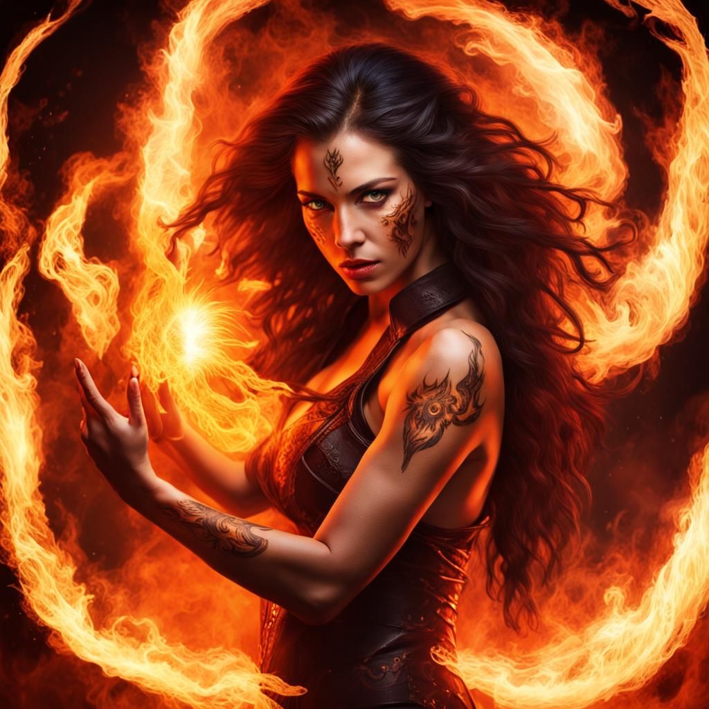 Demonic Fire Woman Conjuring Fire Magic