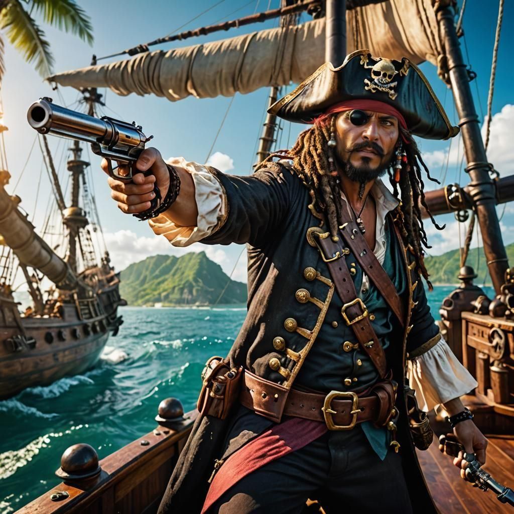 Pirate in Action Pose on Tropical Ship
