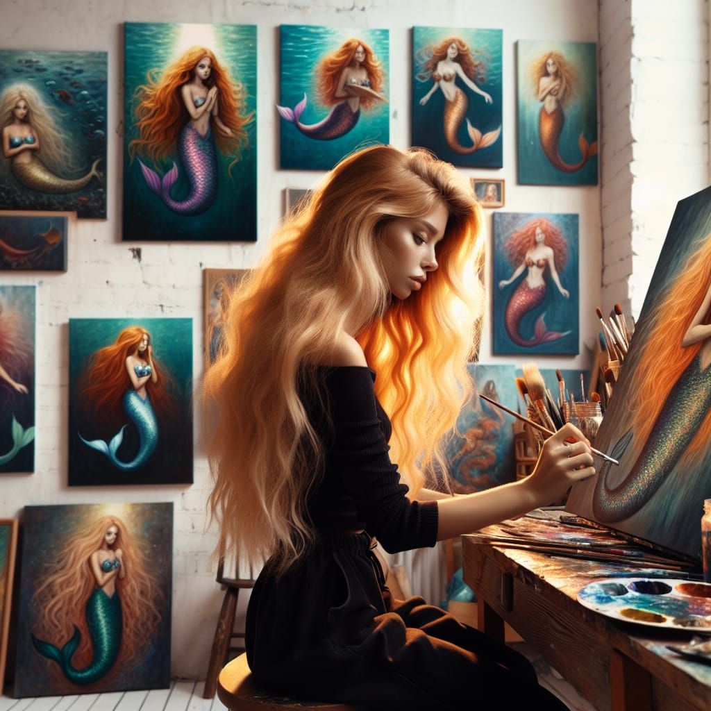 Artist Painting Mermaid in Studio Surrounded by Art