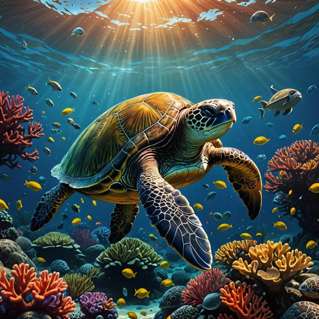 Olive Ridley Turtle in Bioluminescent Coral Reef