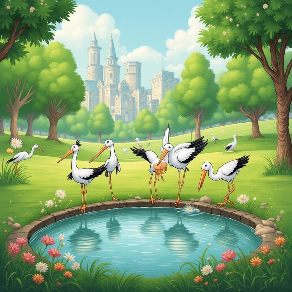 Storks at City Park Water Hole Cartoon