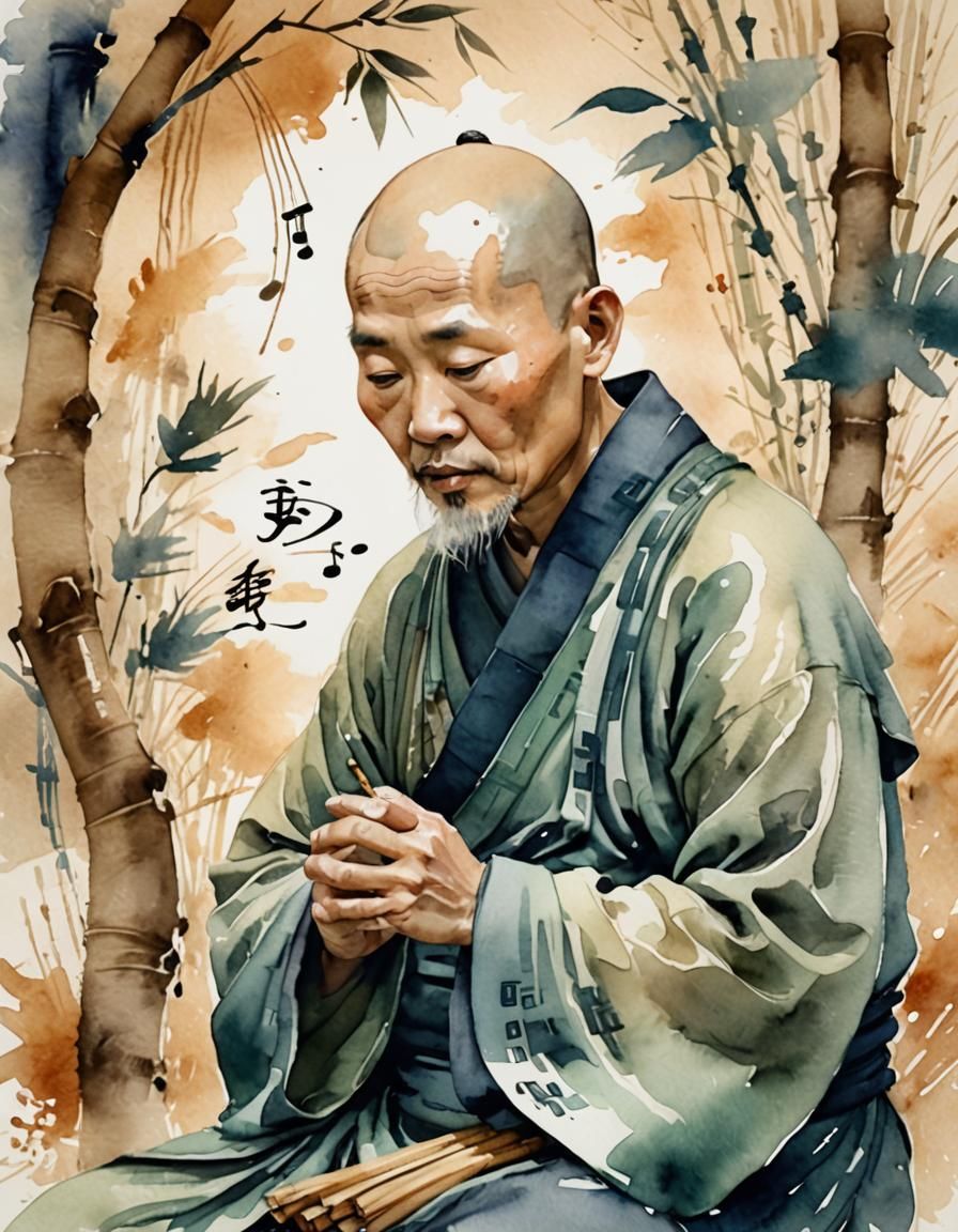 Serene Monk in Watercolor with Ghostly Textures