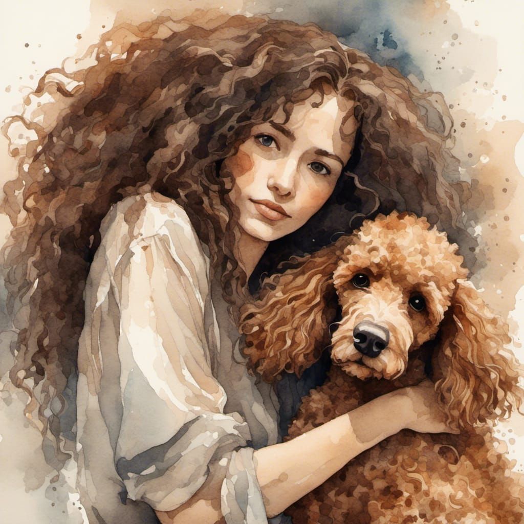 Woman Hugging Poodle in Watercolor Style