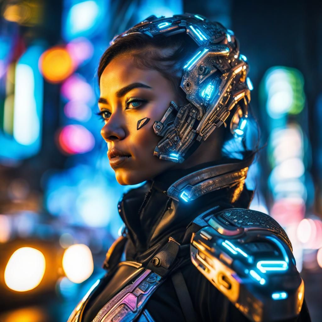 Cyborg Girl in Neon City, Hyperrealistic Portrait