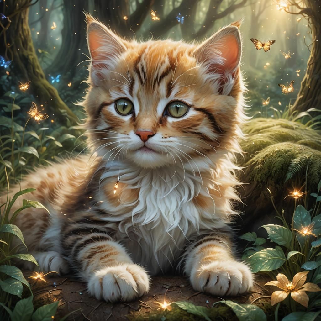 Sleeping Kitten in Mystical Forest, Fantasy Art