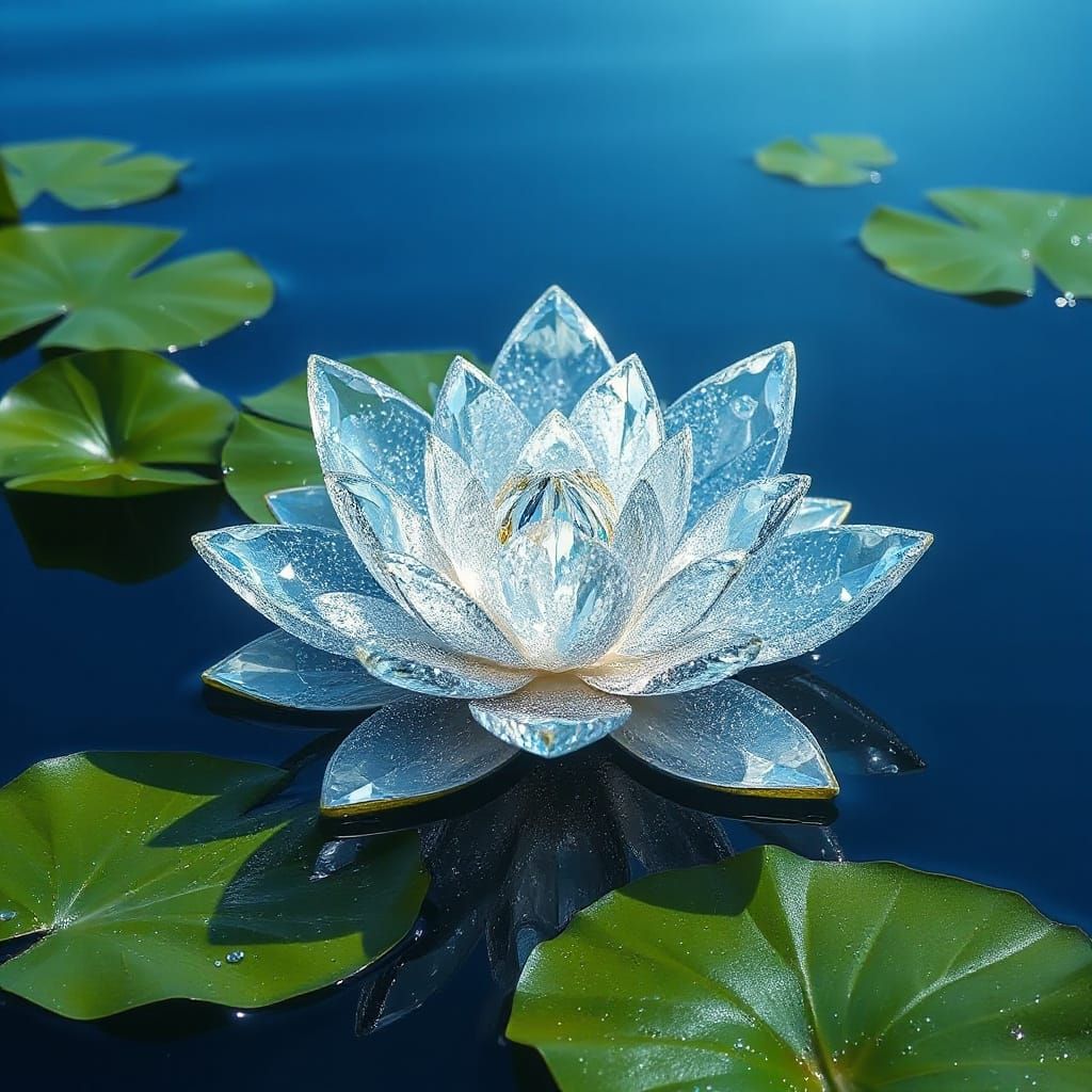 Diamond Lotus Flower on Deep Blue Lake in Magical Garden