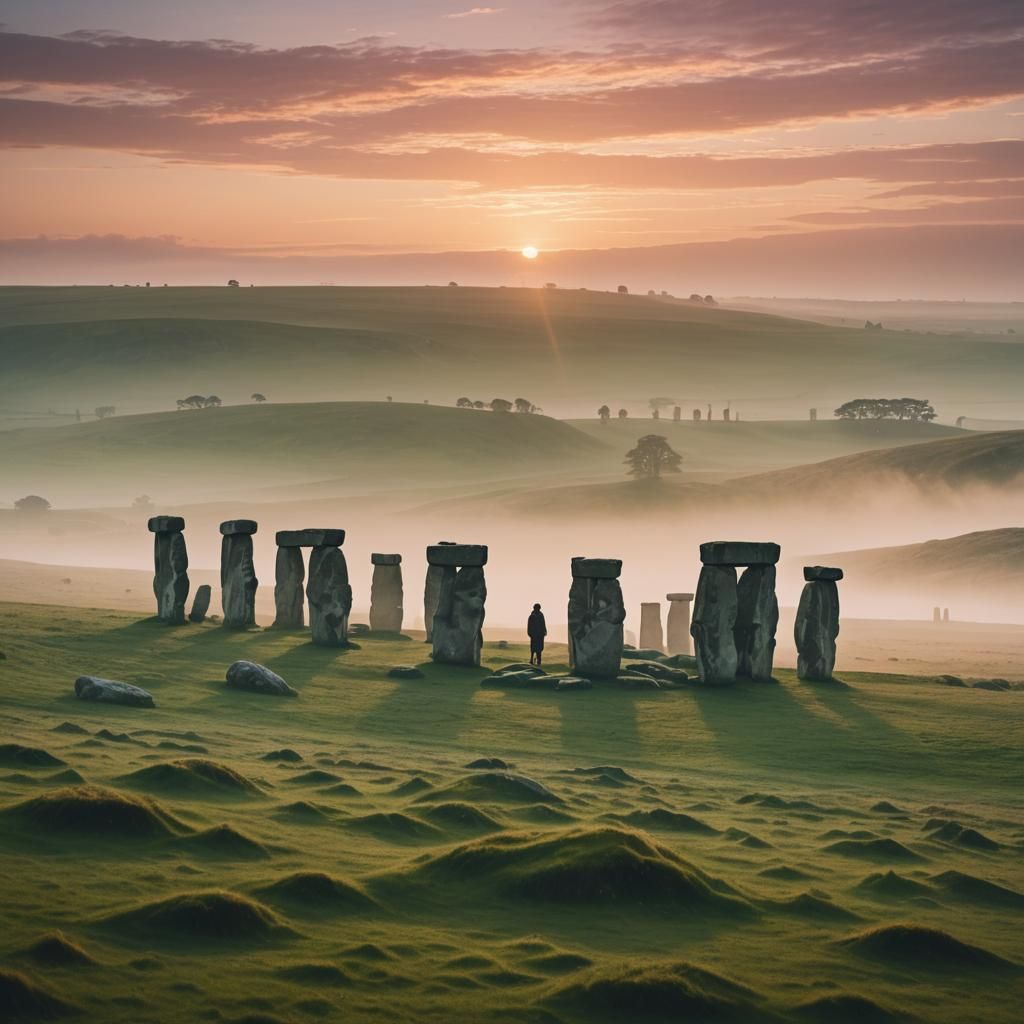 Stonehenge Sunrise: Misty Monoliths in Golden Light