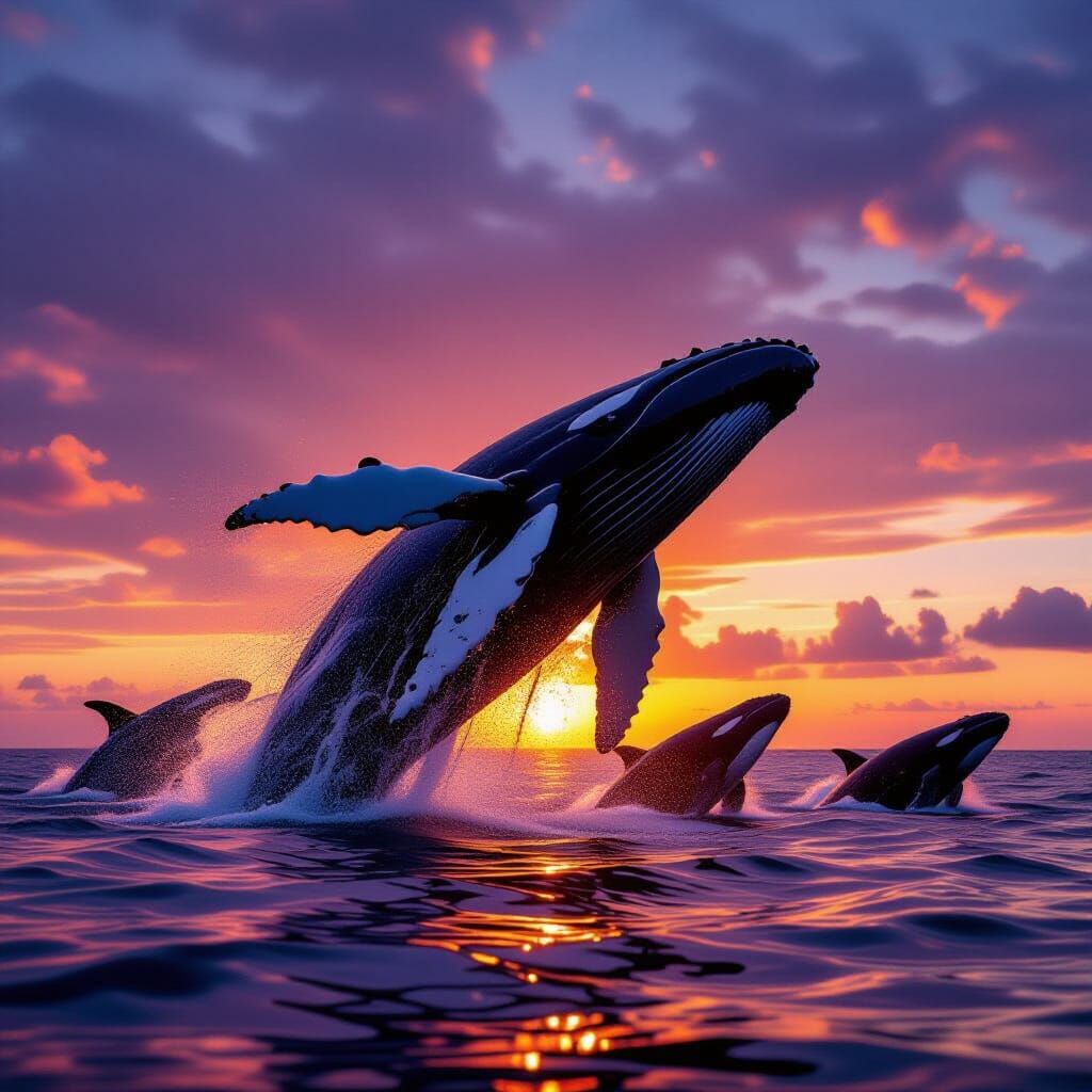 Majestic Whales Breach During Fiery Sunset