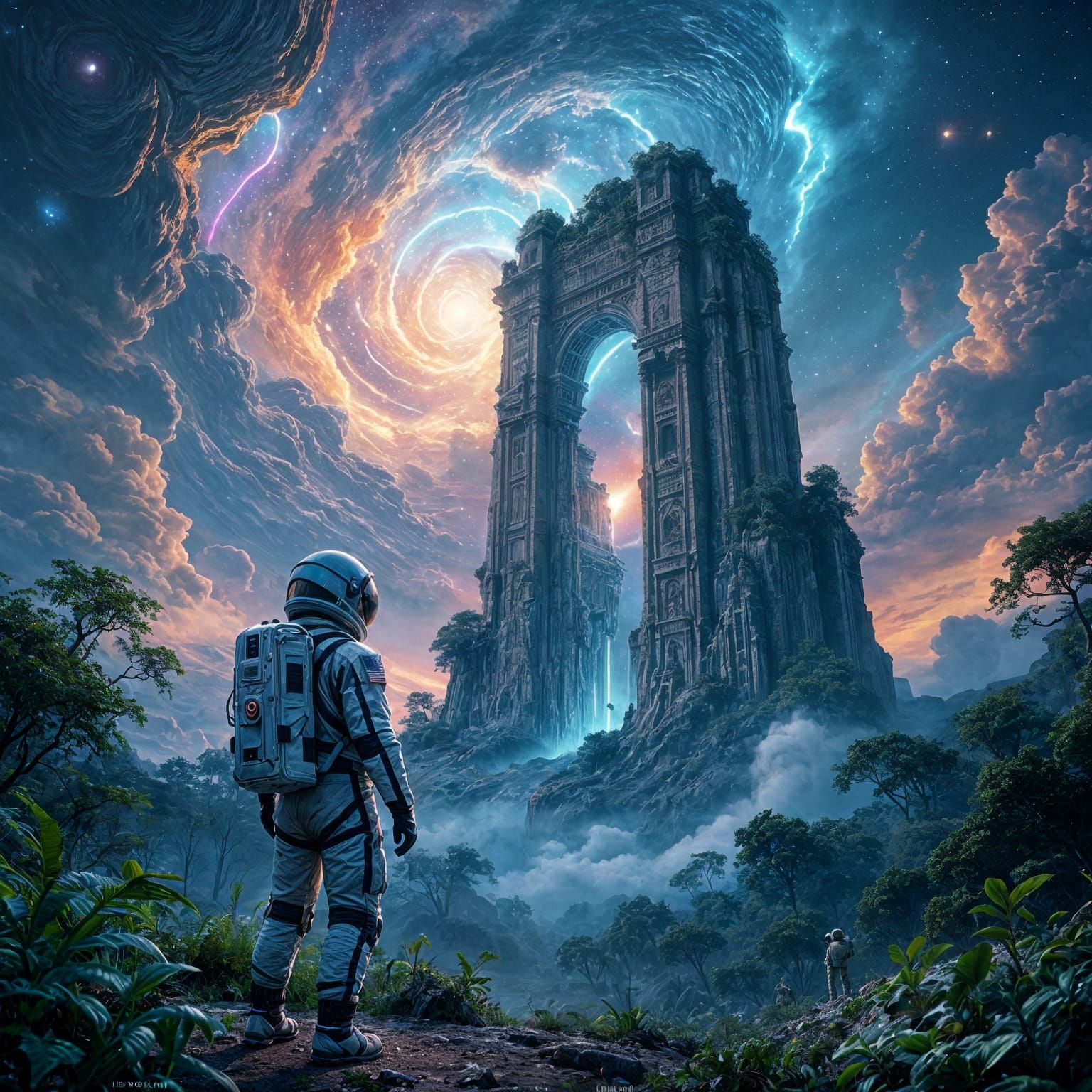 Astronaut on Alien Planet Gazing at Ruin in Nebula