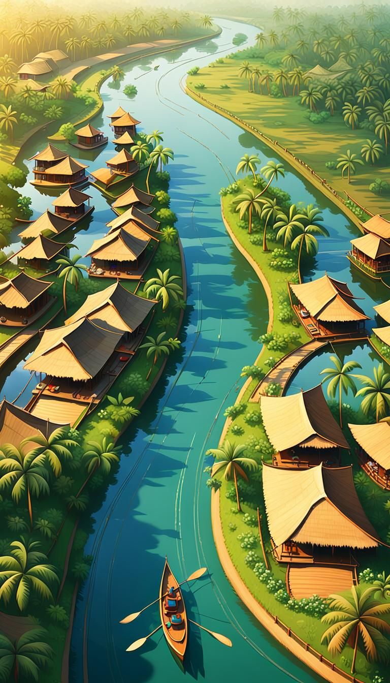 Kerala Boat on Winding River: Aerial View