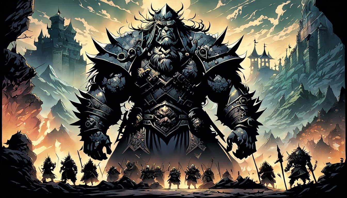 Dwarf Warrior Stands Tall Against Orcs in Epic Fantasy Scene